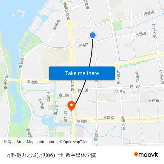 万科魅力之城(万顺路) to 数字媒体学院 map