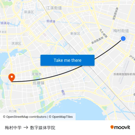 梅村中学 to 数字媒体学院 map