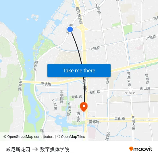 威尼斯花园 to 数字媒体学院 map