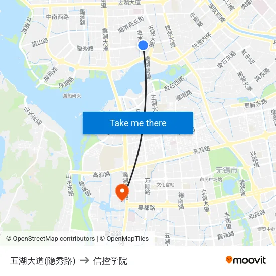 五湖大道(隐秀路) to 信控学院 map