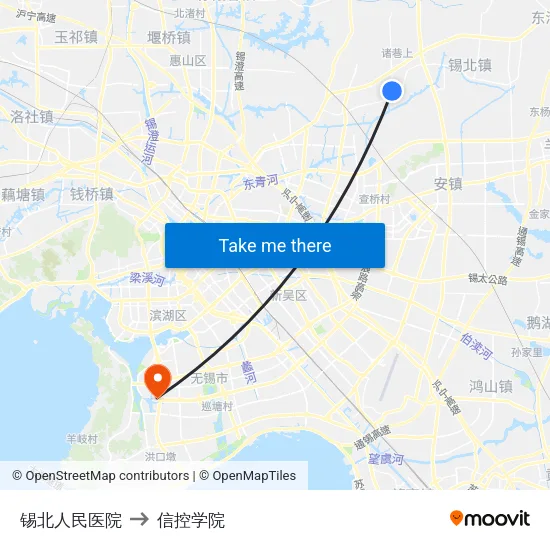 锡北人民医院 to 信控学院 map