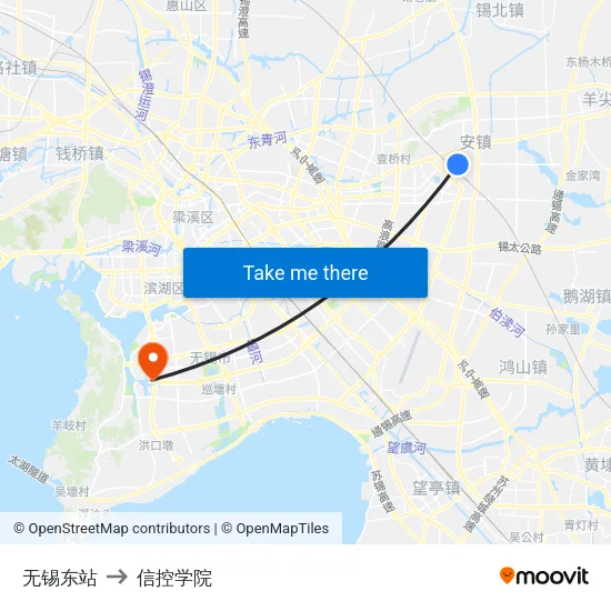 无锡东站 to 信控学院 map