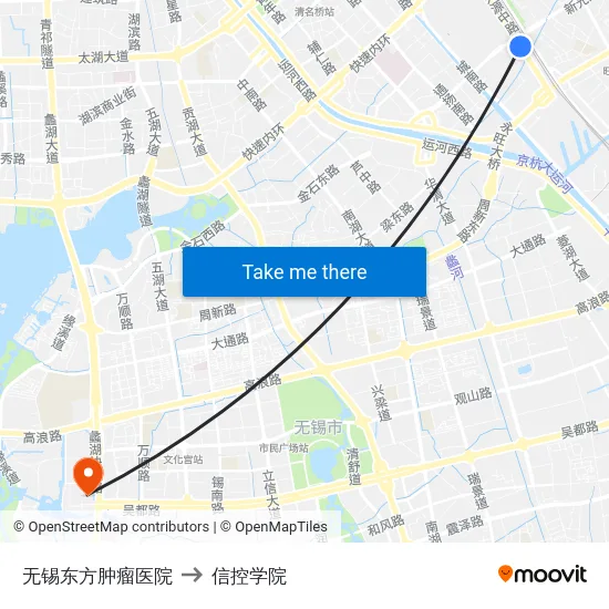 无锡东方肿瘤医院 to 信控学院 map