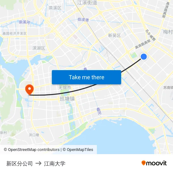 新区分公司 to 江南大学 map