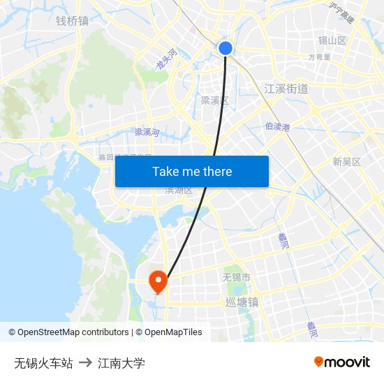 无锡火车站 to 江南大学 map