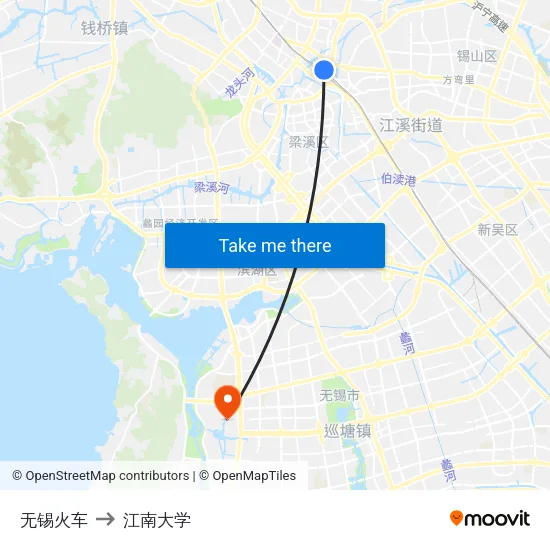 无锡火车 to 江南大学 map