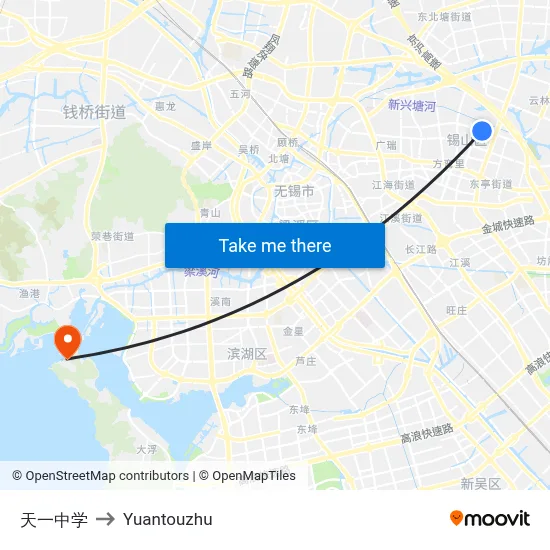 Tianyi Middle School to Yuantouzhu map