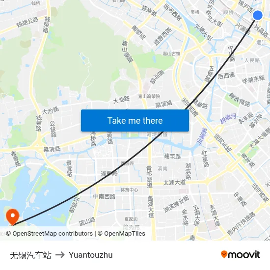Wuxi Bus Station to Yuantouzhu map