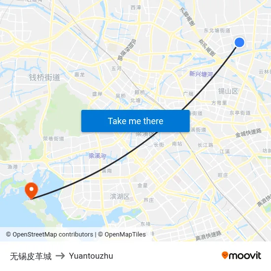 Wuxi Leather City to Yuantouzhu map