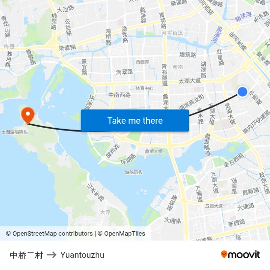 Zhongqiao Second Village to Yuantouzhu map