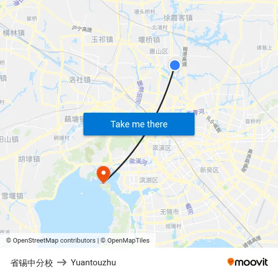 省锡中分校 to Yuantouzhu map