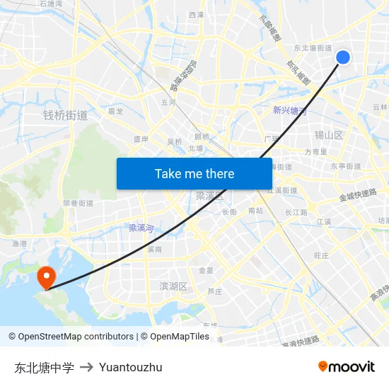 Dongbeitang Middle School to Yuantouzhu map