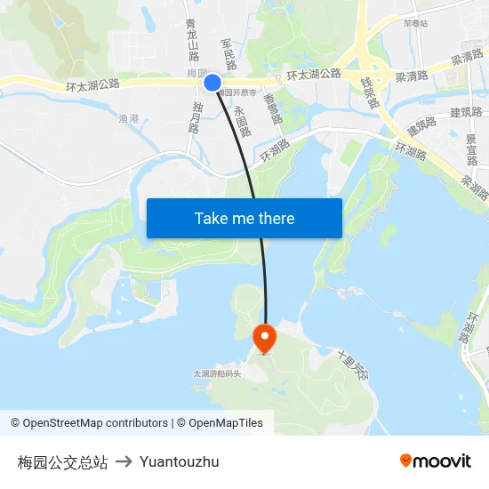 Meiyuan Bus Terminal to Yuantouzhu map