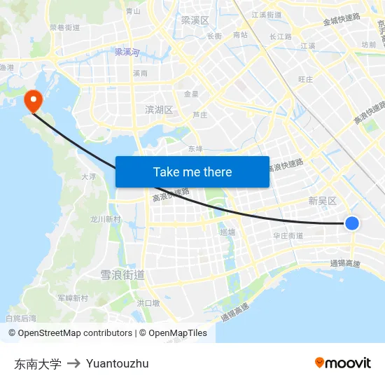 Southeast University to Yuantouzhu map