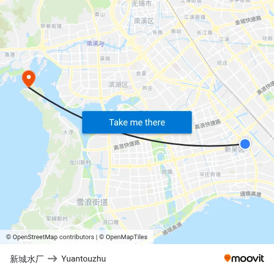 Xincheng Water Plant to Yuantouzhu map