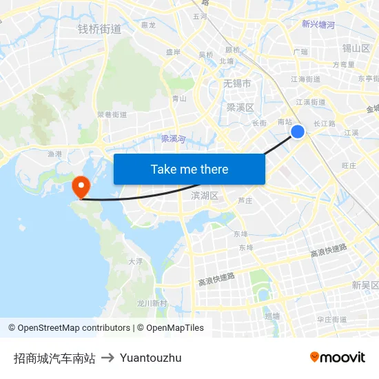 Merchants City South Bus Station to Yuantouzhu map