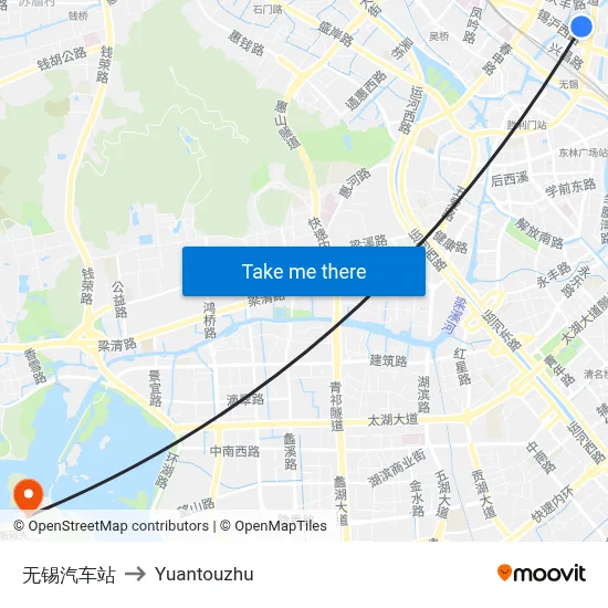 Wuxi Bus Station to Yuantouzhu map