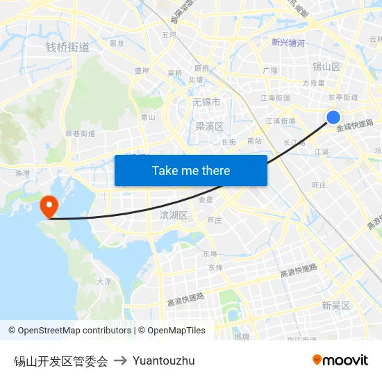 Xishan Development Zone Administration to Yuantouzhu map