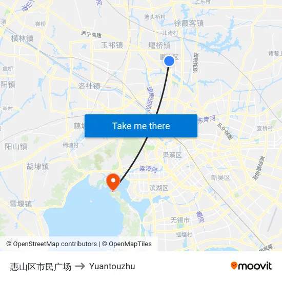 Huishan District Civic Square to Yuantouzhu map