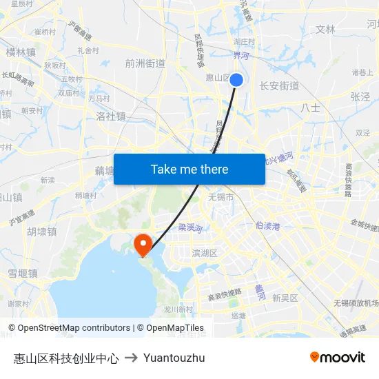 Huishan District Tech Startup Center to Yuantouzhu map