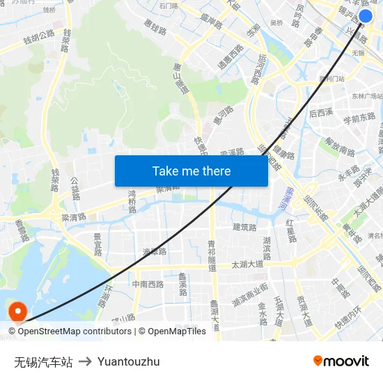 无锡汽车站 to Yuantouzhu map
