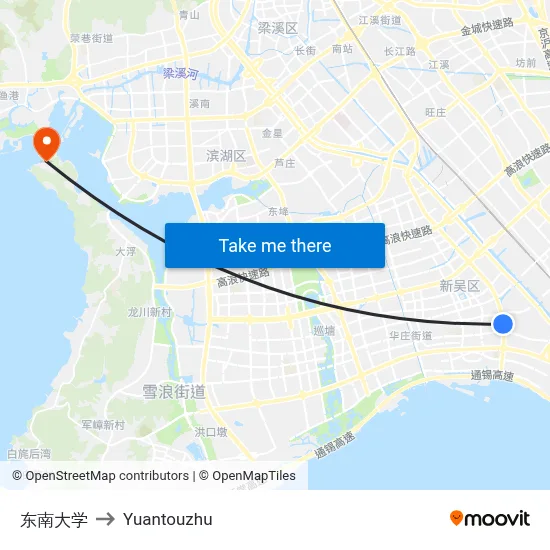 Southeast University to Yuantouzhu map