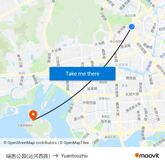 Xihui Park (Grand Canal West Road) to Yuantouzhu map