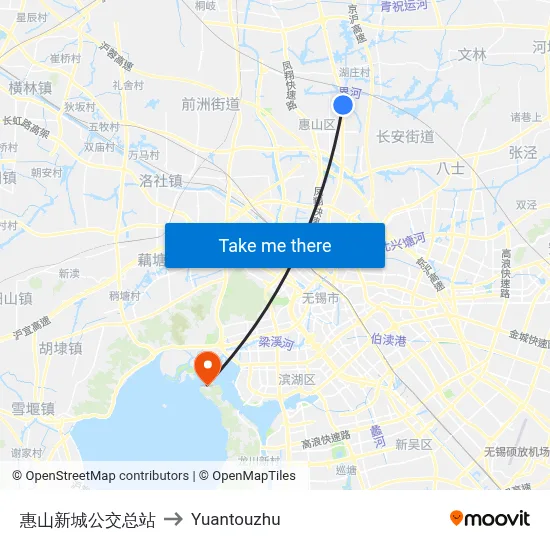 Huishan New City Bus Terminal to Yuantouzhu map