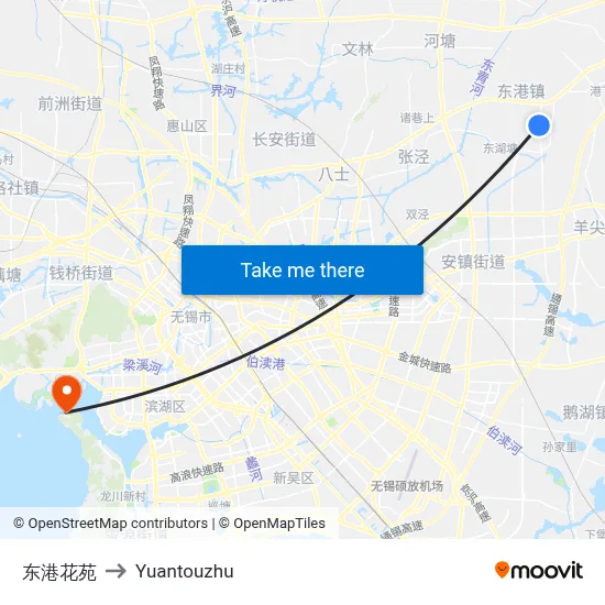 Donggang Garden to Yuantouzhu map