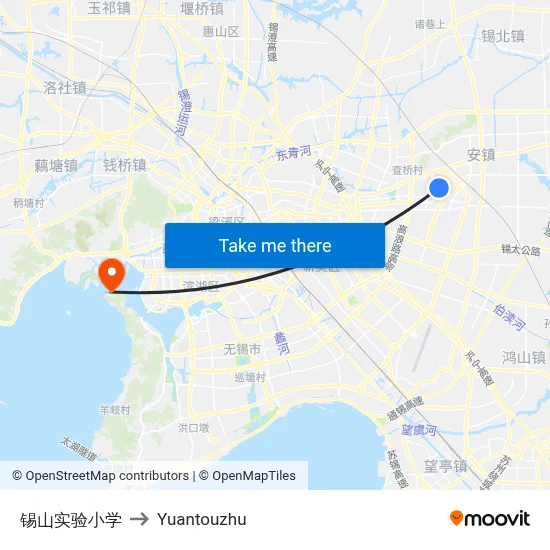 锡山实验小学 to Yuantouzhu map