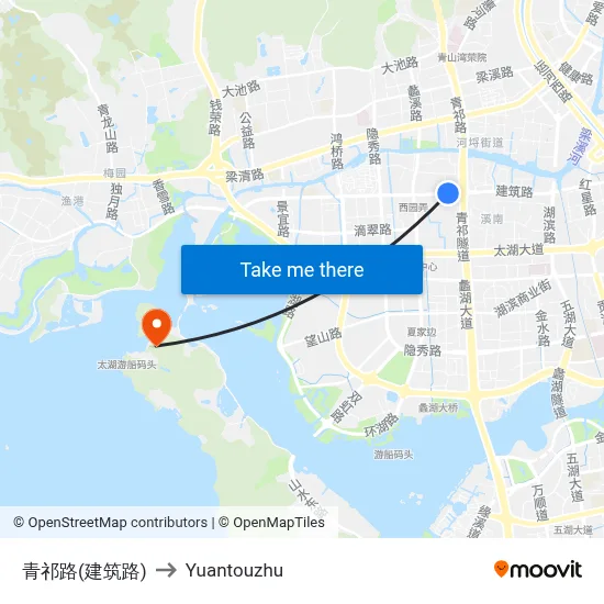 Qingqi Road (Jianzhu Road) to Yuantouzhu map