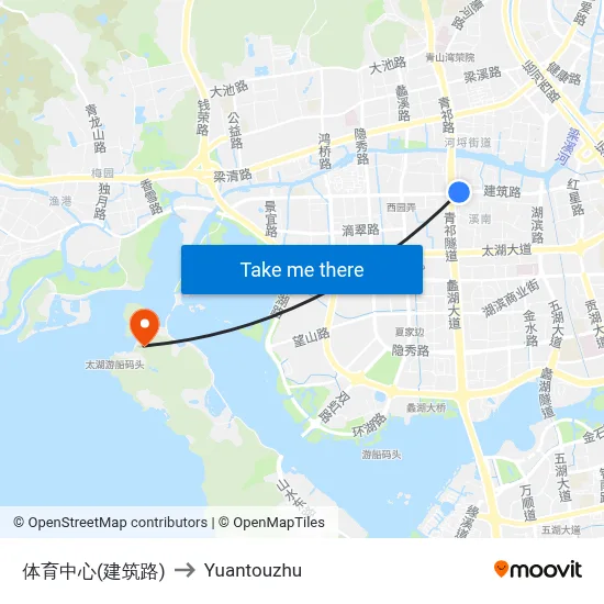 Sports Center (Jianzhu Road) to Yuantouzhu map