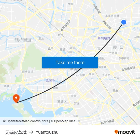 Wuxi Leather City to Yuantouzhu map