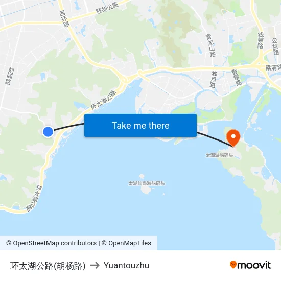 Lake Tai Ring Road (Huyang Road) to Yuantouzhu map