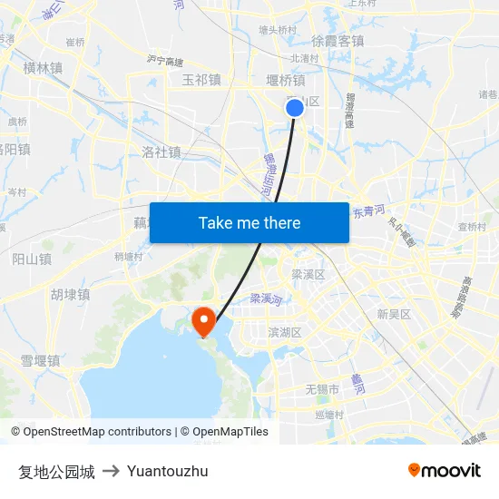 复地公园城 to Yuantouzhu map