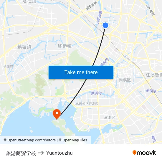 Tourism and Trade School to Yuantouzhu map