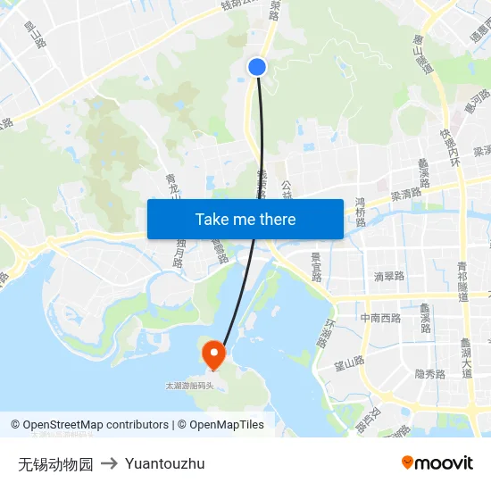 Wuxi Zoo to Yuantouzhu map