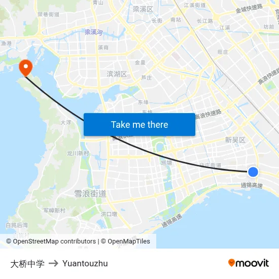 Daqiao Middle School to Yuantouzhu map