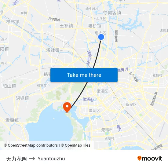 Tianli Garden to Yuantouzhu map