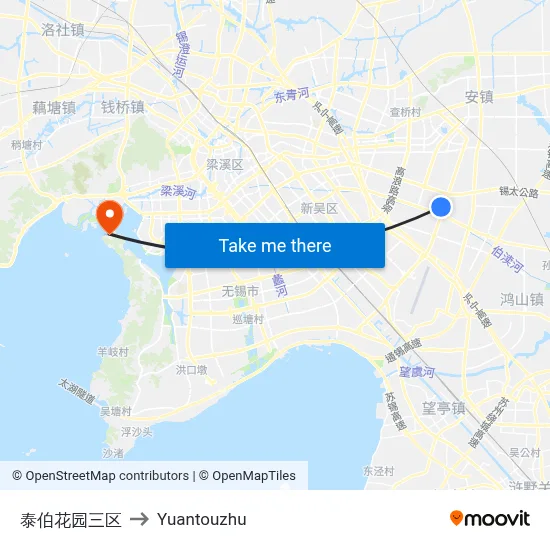 泰伯花园三区 to Yuantouzhu map