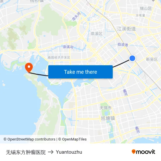 无锡东方肿瘤医院 to Yuantouzhu map