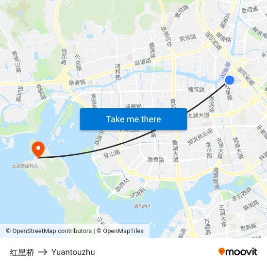 红星桥 to Yuantouzhu map