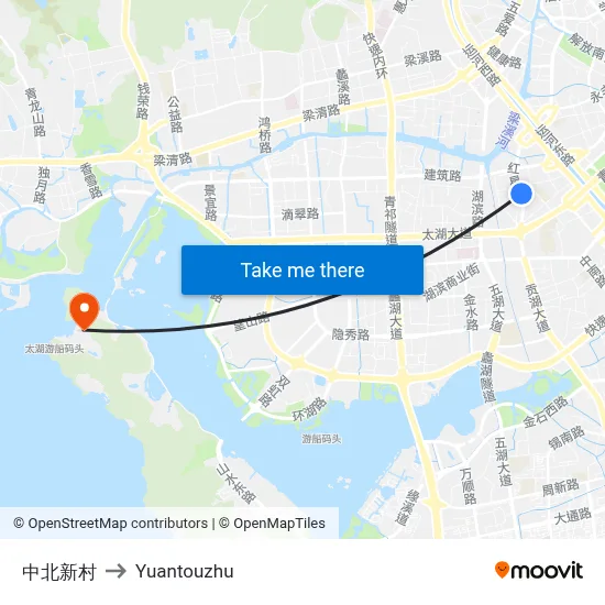 Zhongbei New Village to Yuantouzhu map