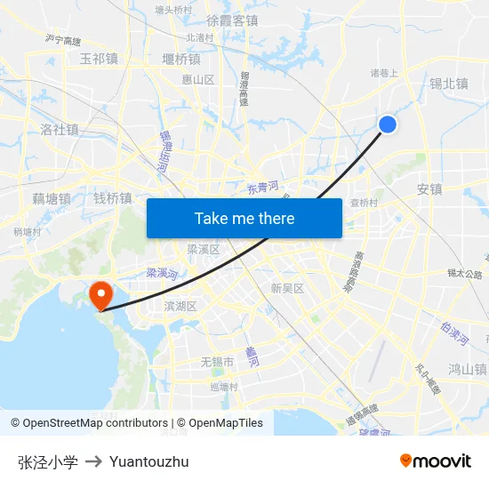 张泾小学 to Yuantouzhu map