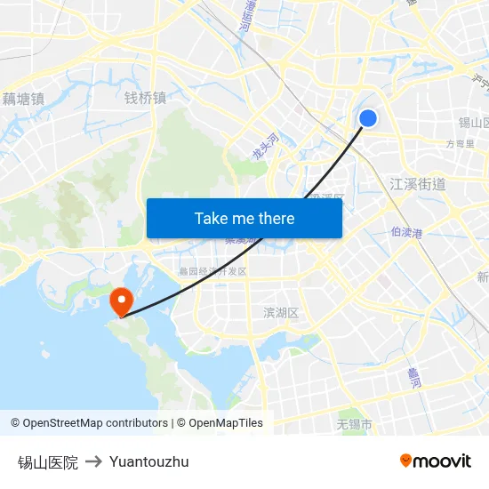锡山医院 to Yuantouzhu map
