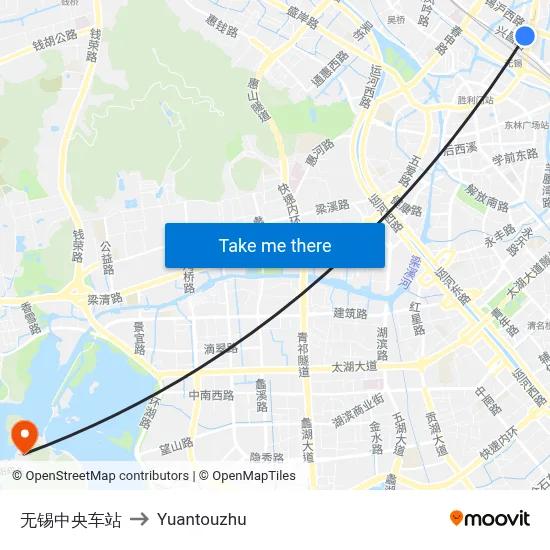 Wuxi Central Station to Yuantouzhu map