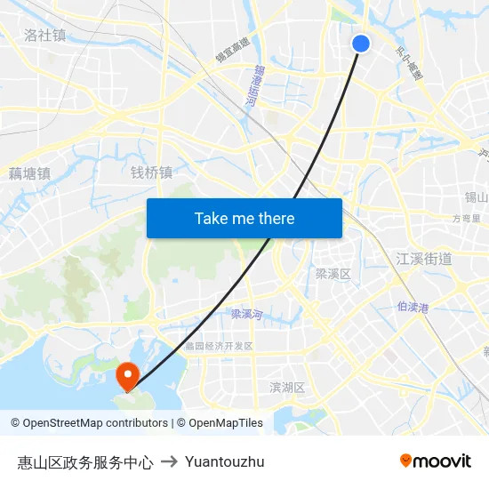 Huishan District Government Service Center to Yuantouzhu map