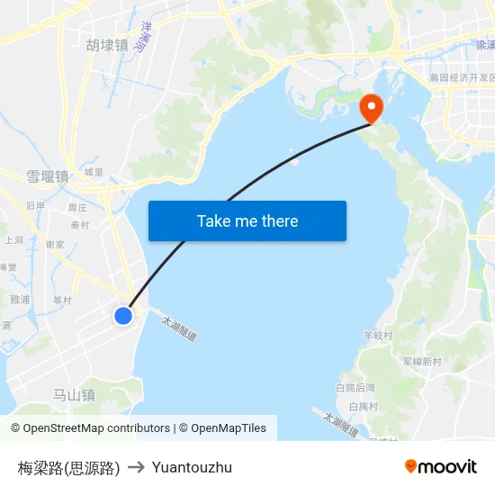 Meiliang Road (Siyuan Road) to Yuantouzhu map