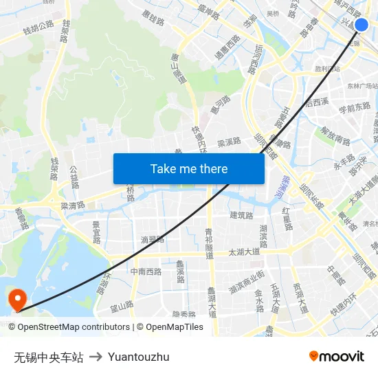 Wuxi Central Station to Yuantouzhu map