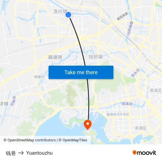 钱巷 to Yuantouzhu map